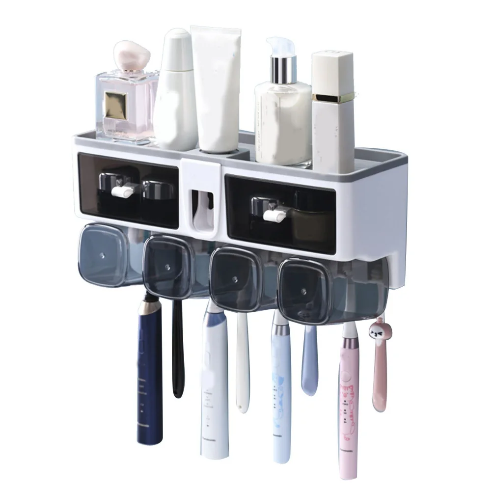 Toothbrush Shelf Punch Free Wall Mounted Mouthwash Cup Holder Toilet Storage Rack White 4 Cups