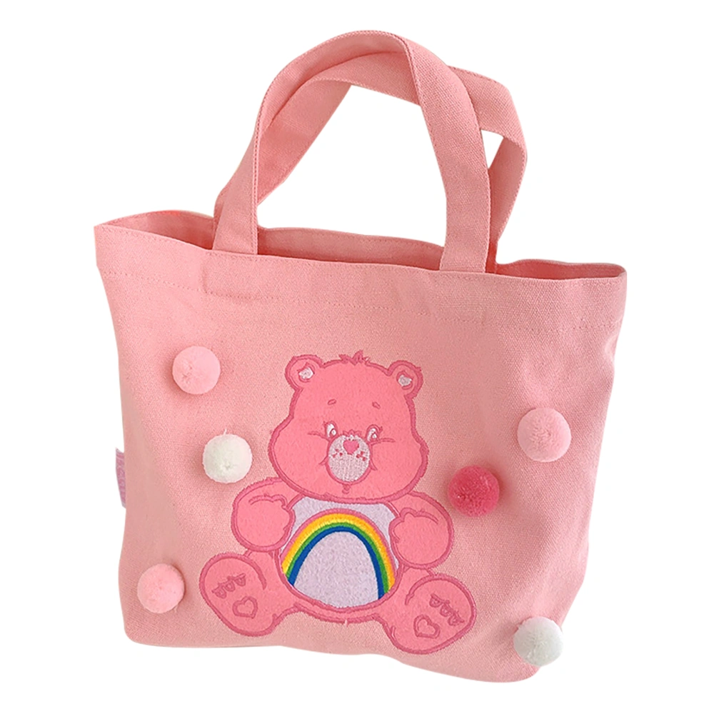 Bear Handbag Cute Fashional 3D Delicate Embroidery Lunch Bags with Fur Ball for Moms Students Office Workers Rainbow Bear Pink