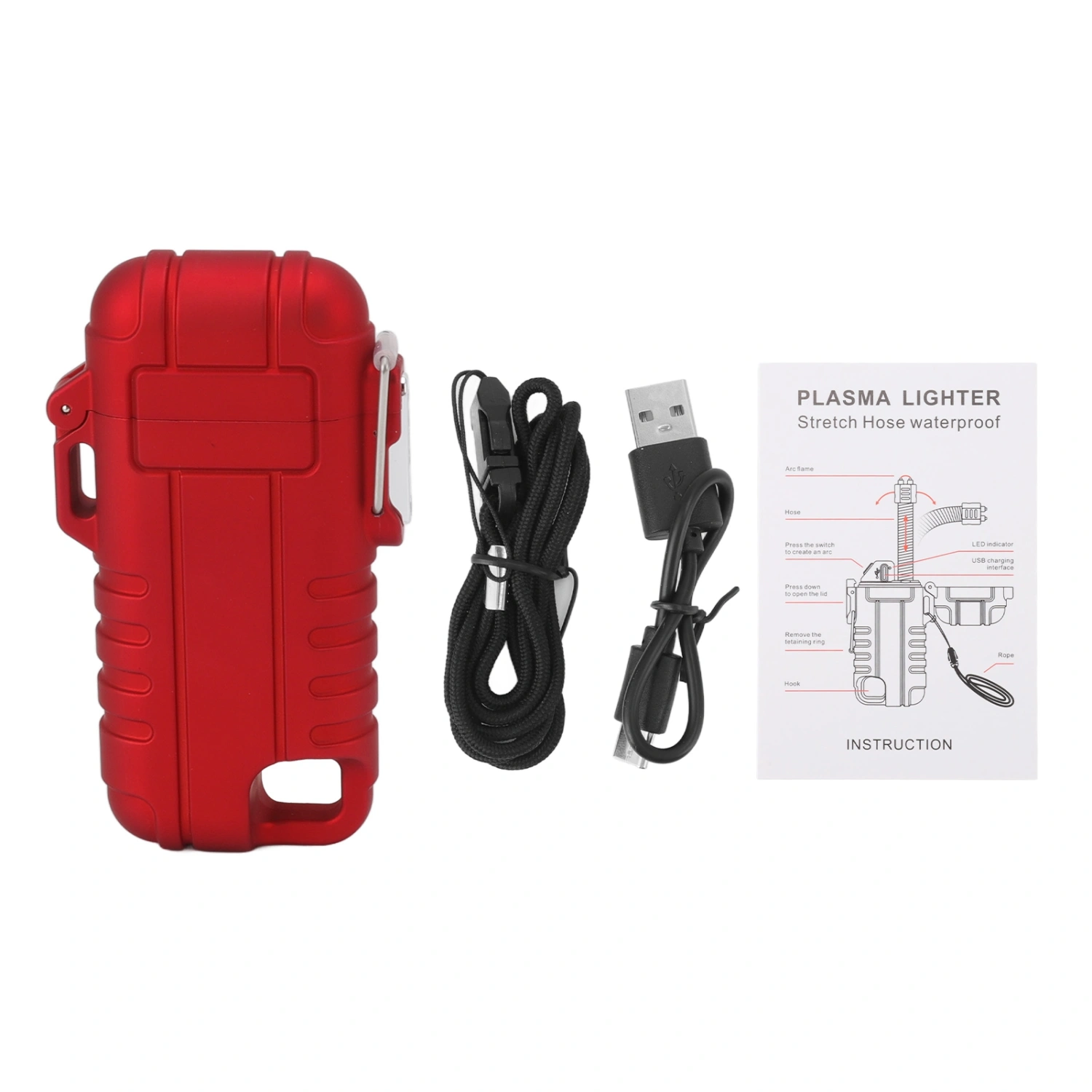 USB Rechargeable Lighter Windproof Dual Arc Lighter Waterproof Flameless Electric Lighter with Hanging Hole for Camping Red