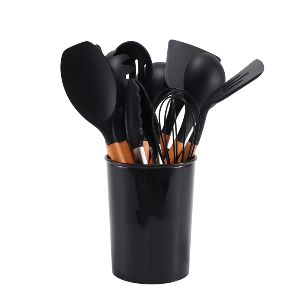 11 Pcs Silicone Kitchenware Set Heat Resistance Wooden Handle Kitchen Utensils Set with Storage Bucket for Camping Black