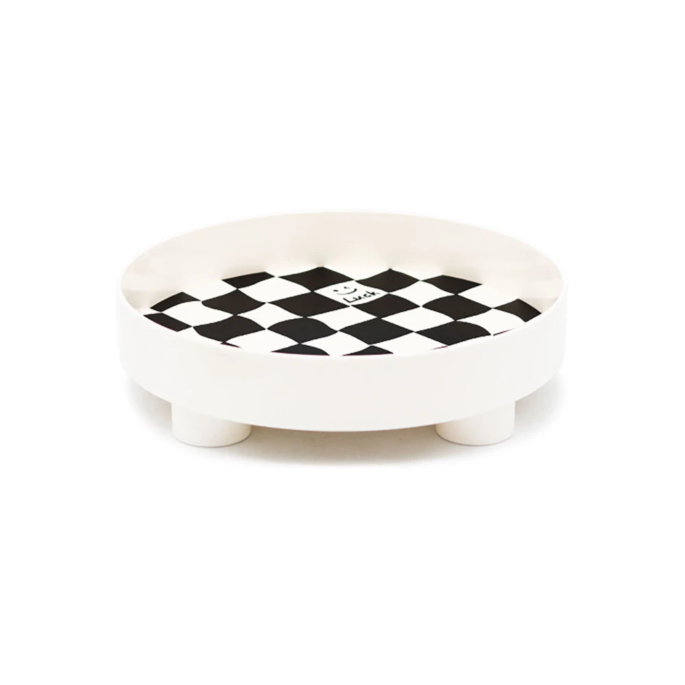 Round Storage Organizer Tray Checkerboard Design Plate Container Tray for Fruit Perfume Jewelry White, Large