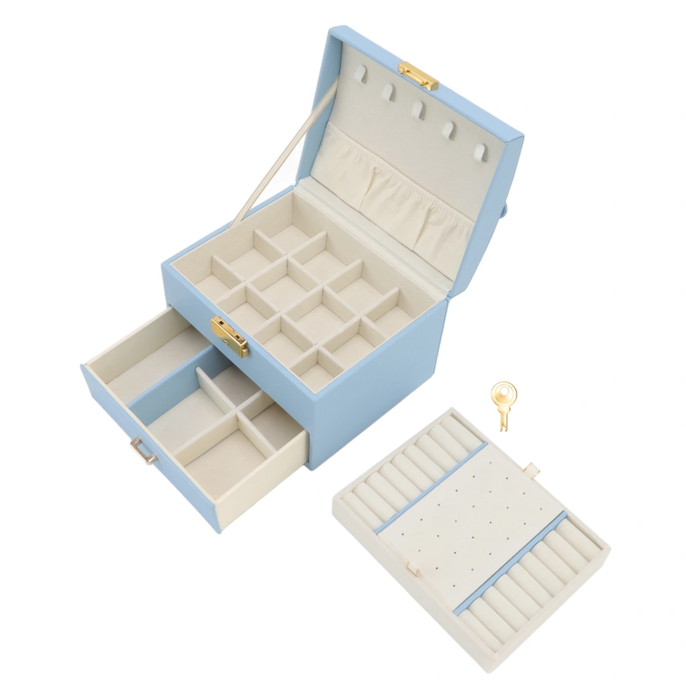 Jewelry Storage Case Portable PU Leather Jewelry Box Household Earring Necklace Box with Lock Light Blue