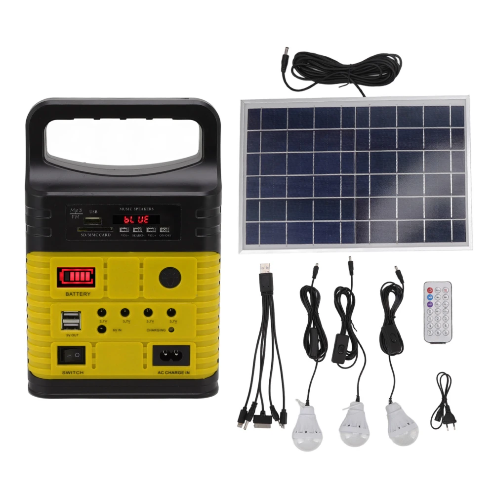 Solar Power Generator LED Light MP3 Bluetooth Radio Mobile Charging Multifunctional Portable Solar Power Station EU Plug 250V Yellow