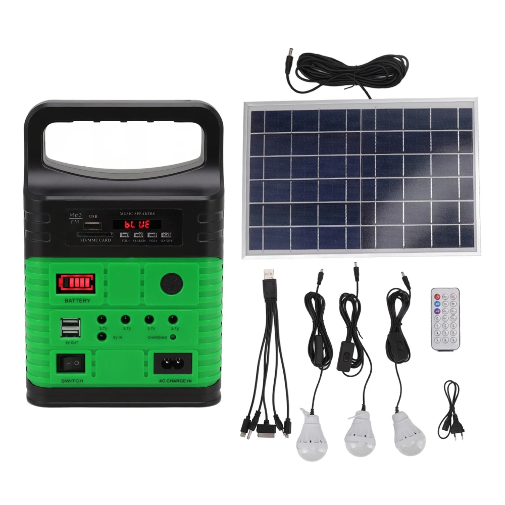 Solar Power Generator LED Light MP3 Bluetooth Radio Mobile Charging Multifunctional Portable Solar Power Station EU Plug 250V Green