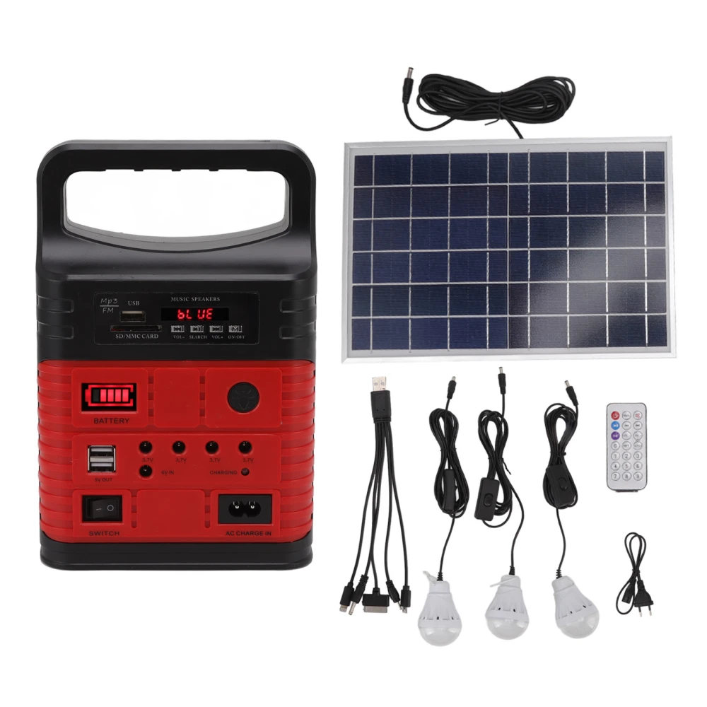 Solar Power Generator LED Light MP3 Bluetooth Radio Mobile Charging Multifunctional Portable Solar Power Station EU Plug 250V Red