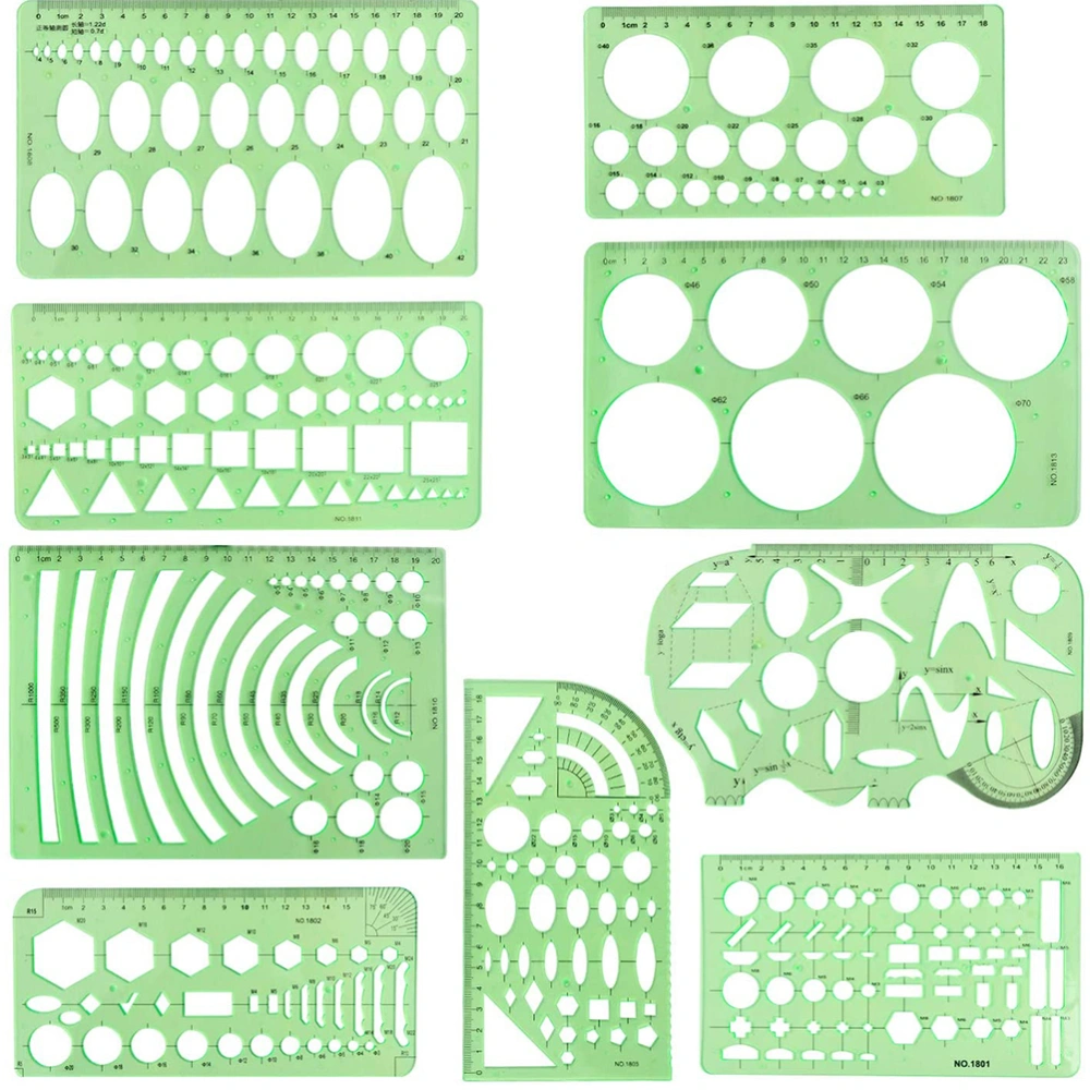 9Pcs Drawings Templates Measuring Geometric Rulers Plastic Draft Rulers for Engineering Building Studying and Designing