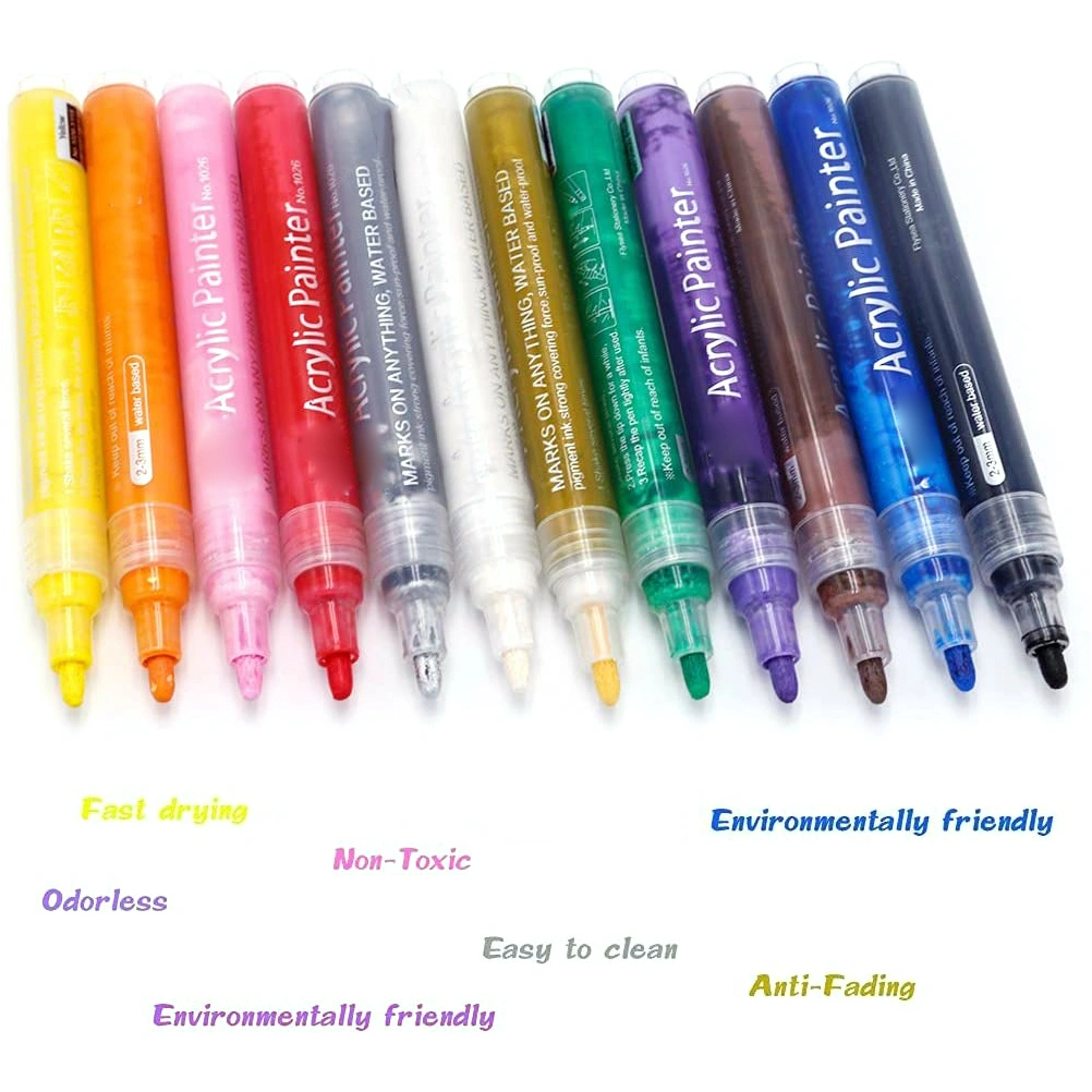 12 Colors Acrylic Paint Marker Pens Art Marker Pen Rock Painting Pens Nontoxic Painted Pen for Ceramics Fabrics Wood