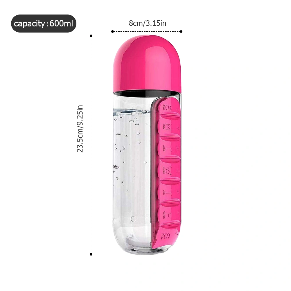 600ml Water Bottle with Pill Box Organizer 2 In 1 Portable 7 Days Planner Box Travel Medication Cases Containers