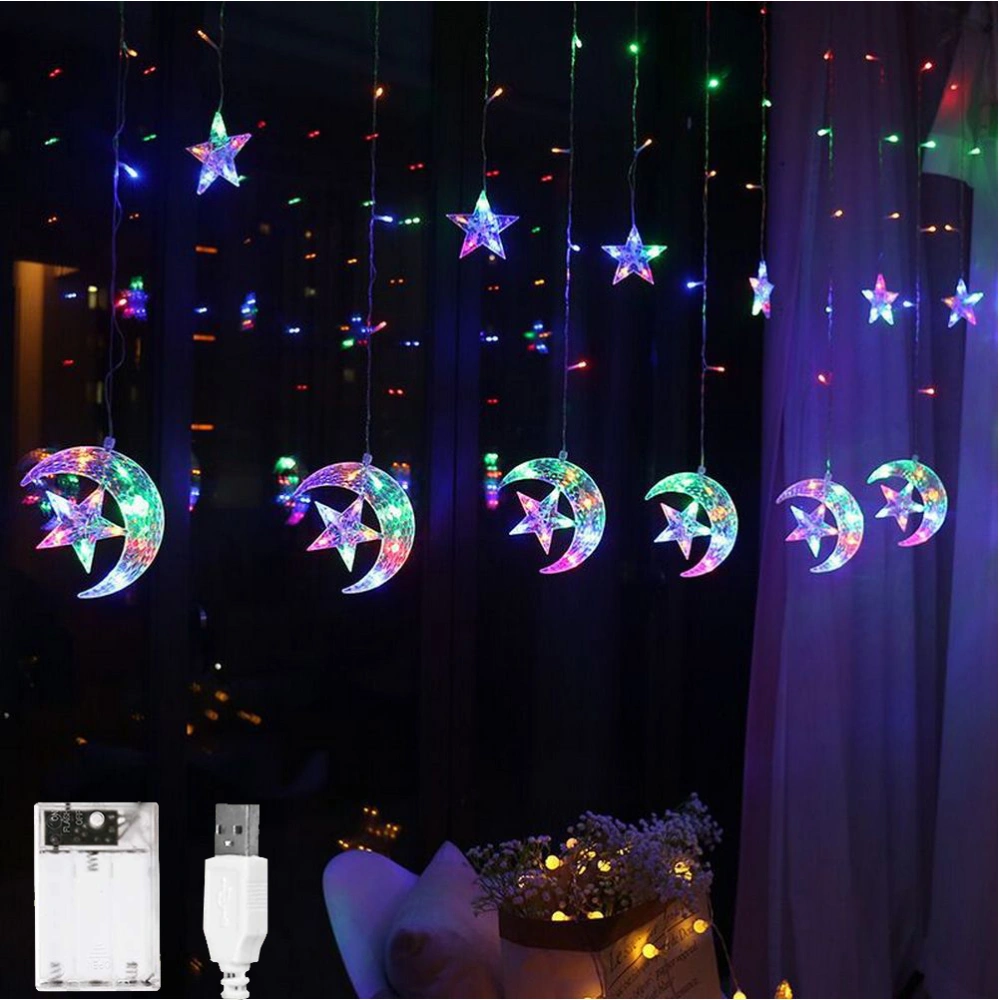 LED Window Curtain String Light Fairy Lights Moon Star String Light Battery USB Powered for Indoor Bedroom Outdoor Party