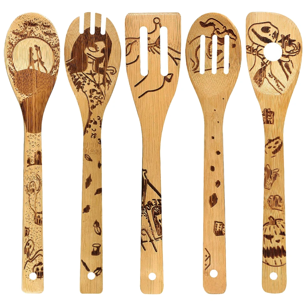 5 Pcs Halloween Design Wooden Spoons Set House Warming Presents Non Stick Slotted Spoon Slotted Spoons Bamboo Utensil Sets