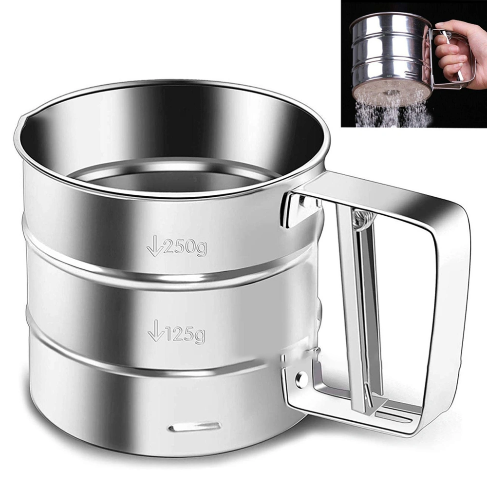 Stainless Steel Baking Shaker Sieve Cup Mesh Crank Flour Sifter with Measuring Scale