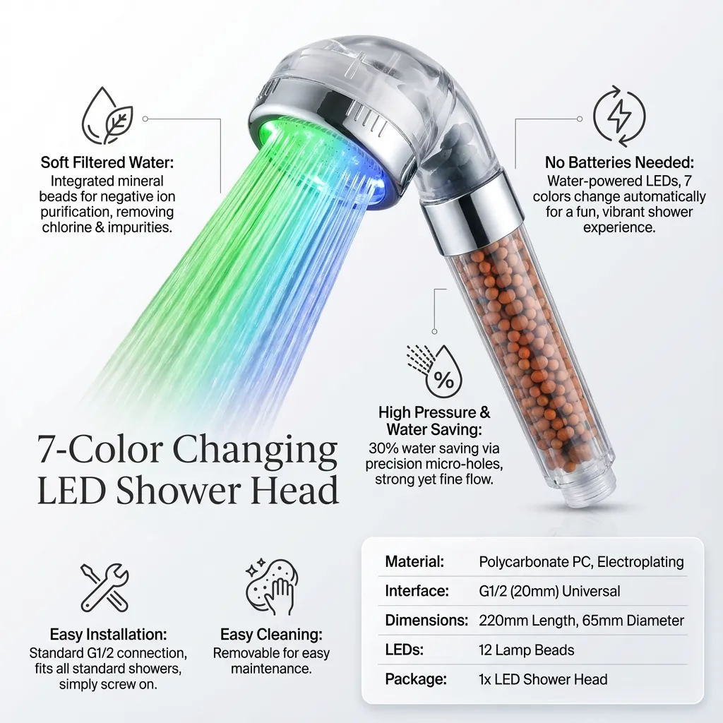 7 Color Changing Shower Head Led High Pressure Water Saving Softener Filtered Shower Head