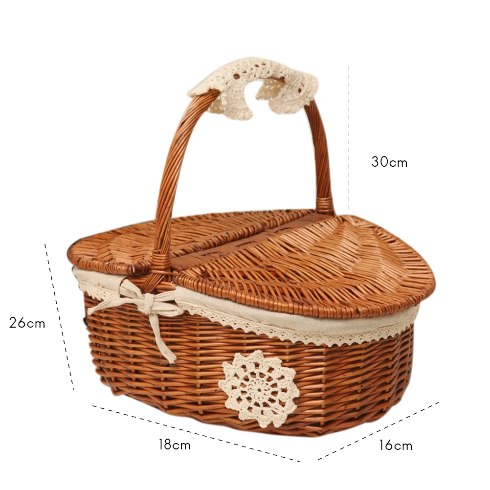 Picnic Basket Handmade Camping Wicker Picnic Basket Shopping Storage Basket with Lid and Wooden Handle