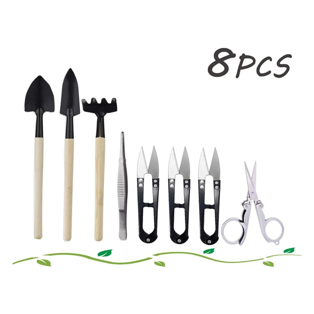 8Pcs Gardening Tool Kit Iron Bonsai Tool Set with Rake Shovels Tweezers Scissors