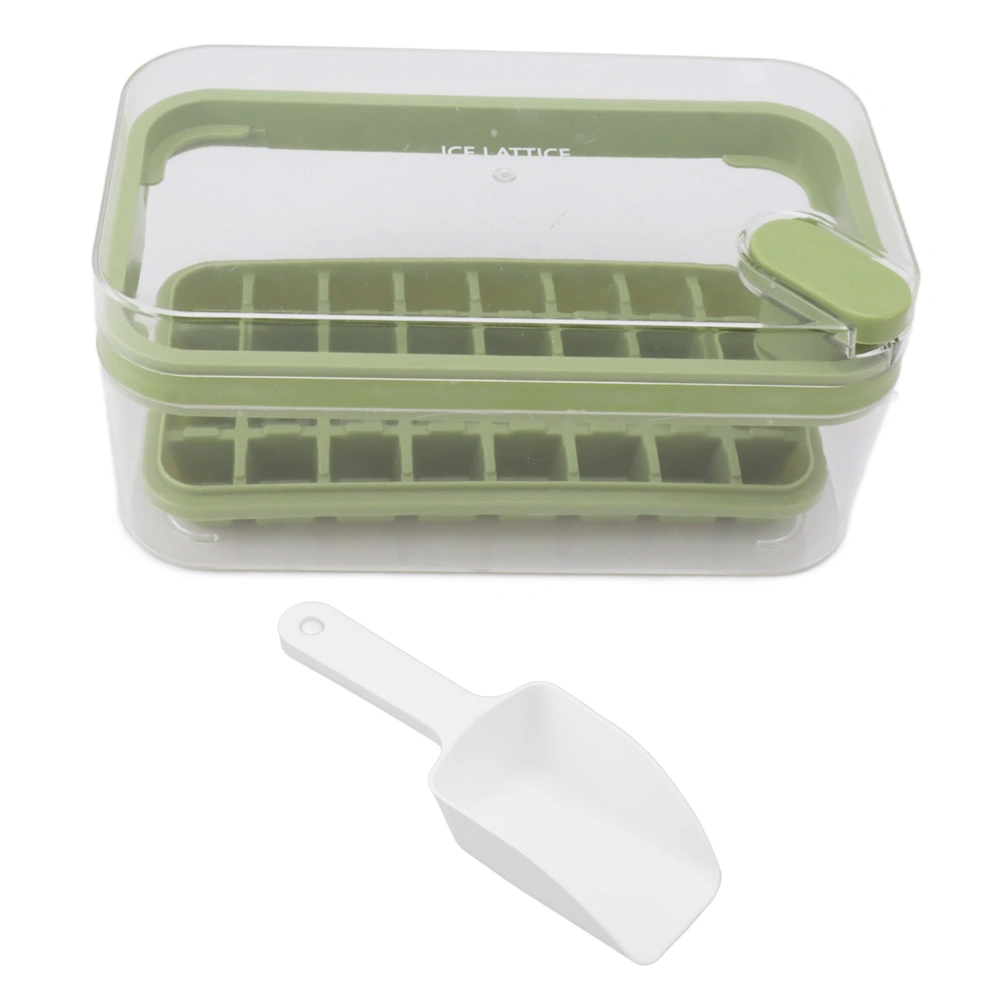 Easy Release Ice Cube Tray Plastic 32 Grids Ice Tray with Lid Bin Scoop for Freezer Green