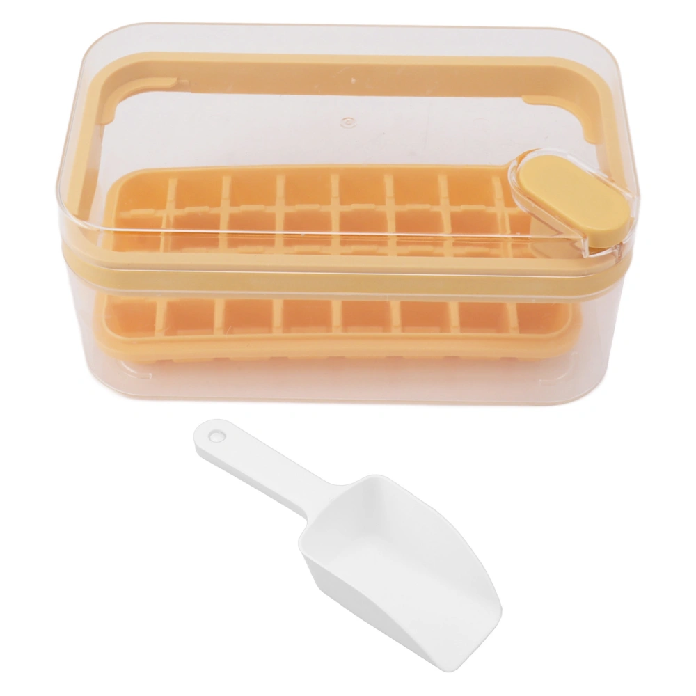 Easy Release Ice Cube Tray Plastic 32 Grids Ice Tray with Lid Bin Scoop for Freezer Yellow