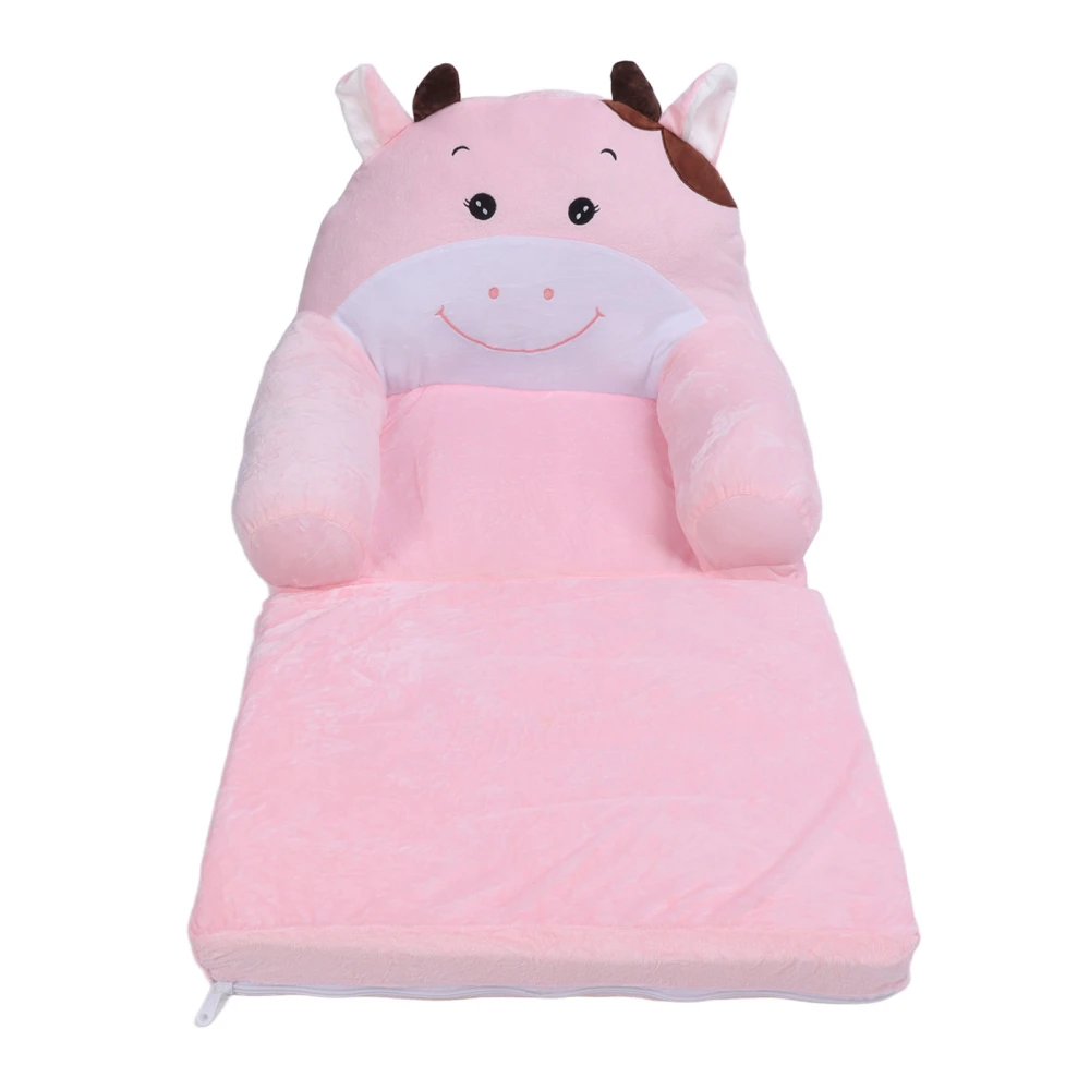 Foldable Kids Sofa Cute Cartoon Soft Comfortable Children Folding Couch Sofa Bed for Boys Girls Bedroom Pink Cow 2 Layers