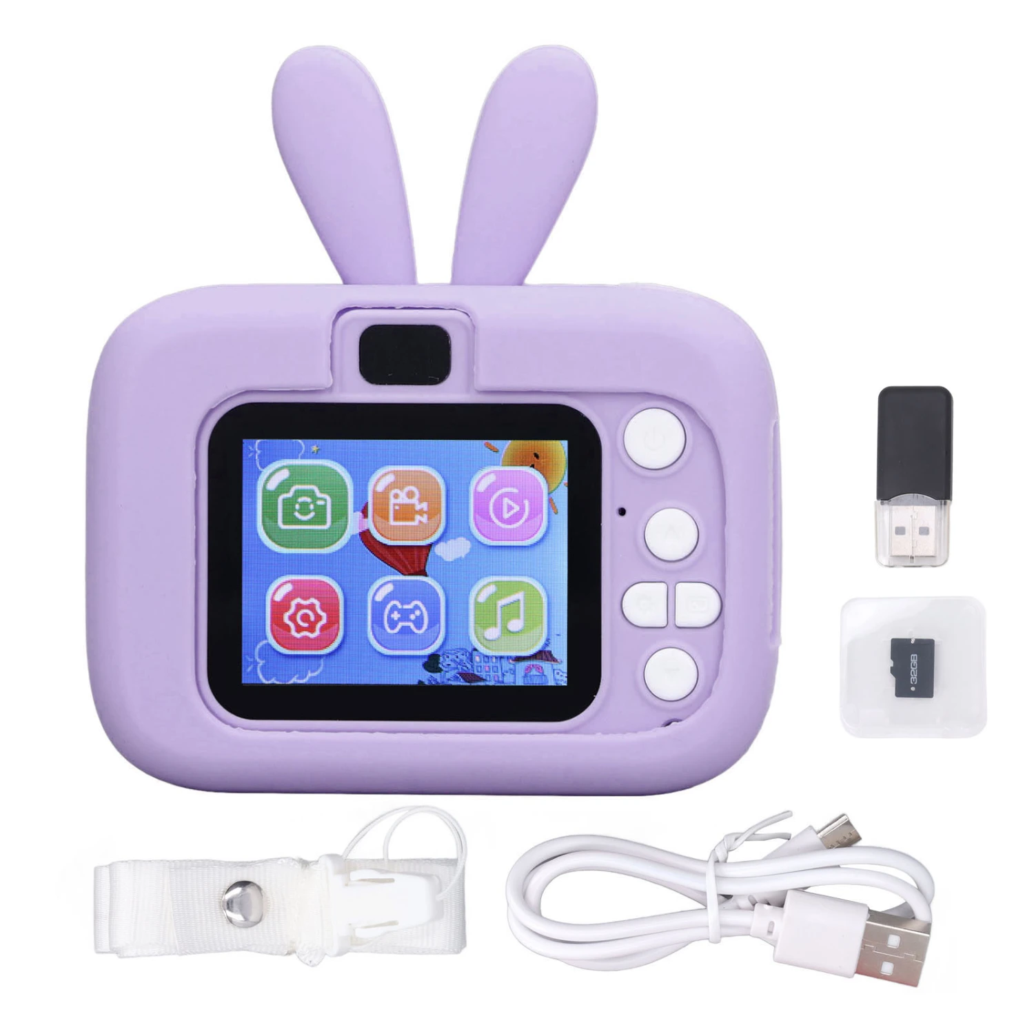 Kids Camera 2.0 Inch Color Display Timed Recording Rich Effects Video Camera Toy with 32G Memory Card and Reader Purple
