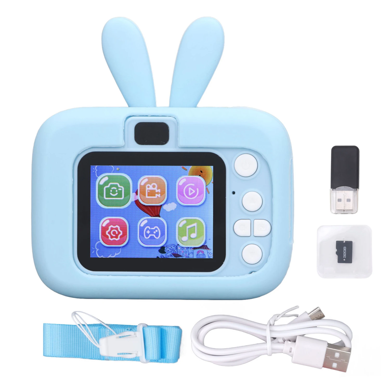 Kids Camera 2.0 Inch Color Display Timed Recording Rich Effects Video Camera Toy with 32G Memory Card and Reader Blue