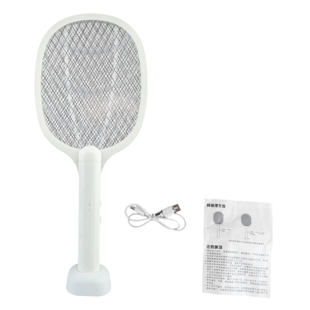 Electric Fly Swatter Stand USB Recharge Electric Fly Swatter Racket for Bedroom Kitchen Indoor Outdoor White