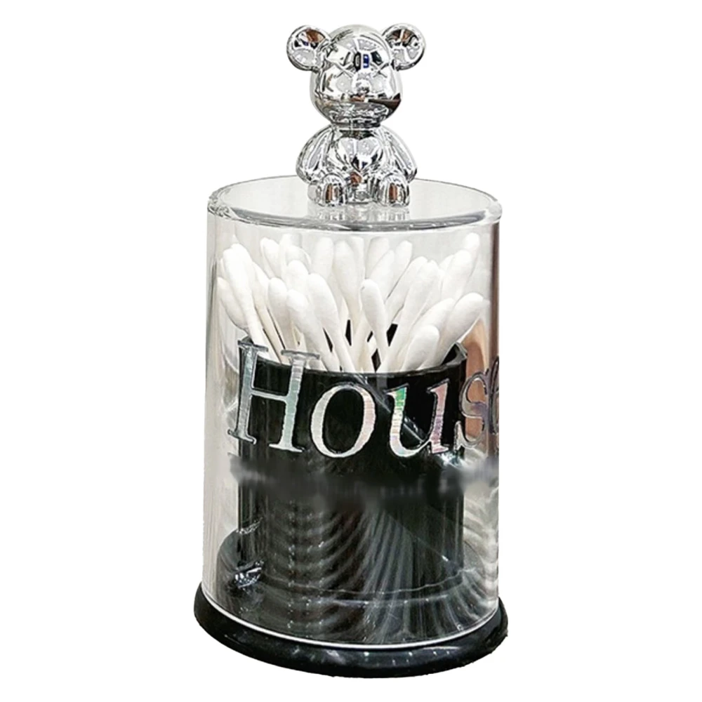 Cute Bear Toothpick Holder Crystal Clear Cotton Swab Container Storage Box Canister Jar with Lid Black