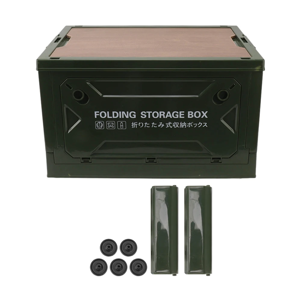 Folding Camping Storage Box with Wooden Lid Collapsible Storage Bin Container with Wheels for Car Camping Picnic OD Green