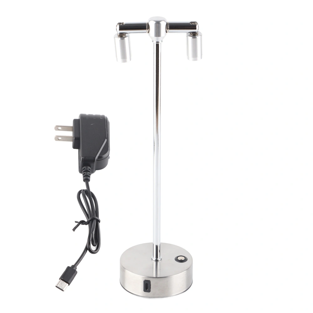 Bar Table Lamp Retro Bar Coffee LED Desktop Night Light Double Head High Pole Spotlight with Charger Silver US Plug 110‑220V