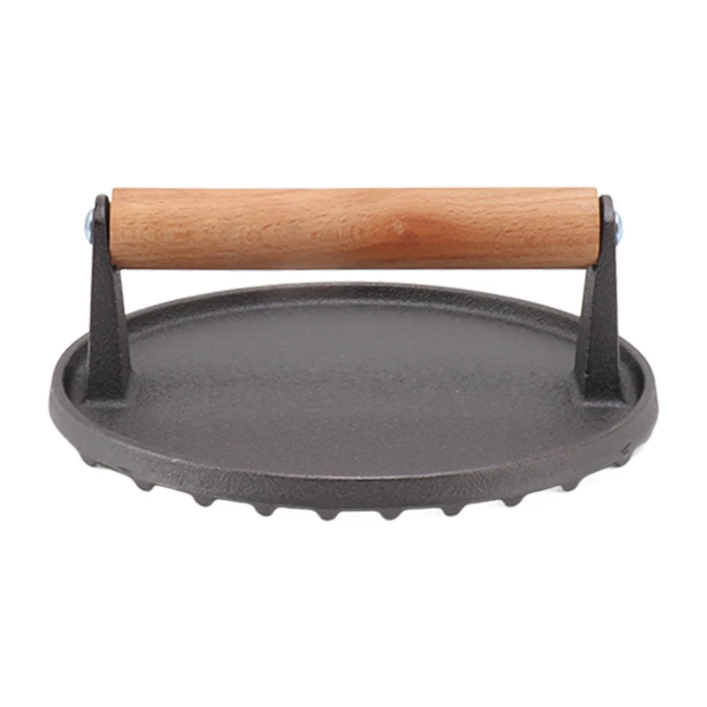 Grill Press Cast Iron Ridge Surface Comfortable Wooden Handle Round Meat Press for BBQ Burger Bacon