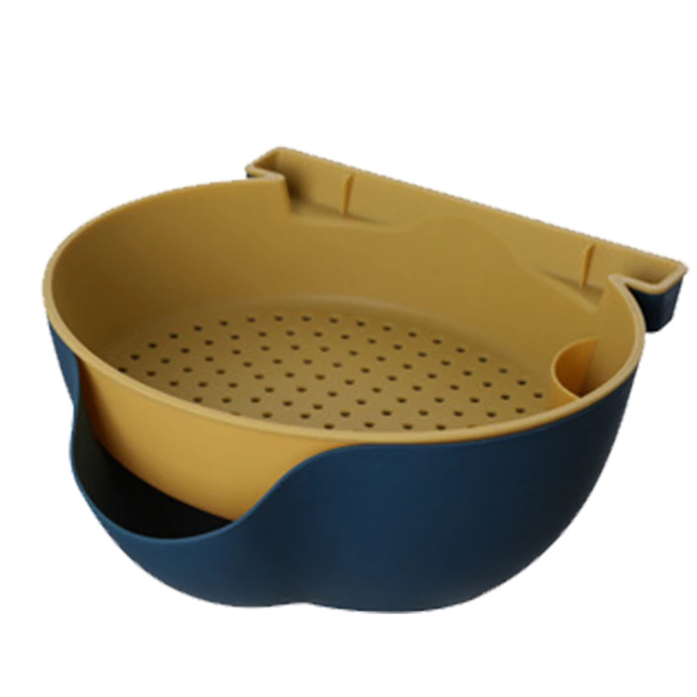 Strainer Bowl 2 Layer Fruit Colander Basket Plastic with Phone Bracket for Kitchen Food Dark Blue and Yellow