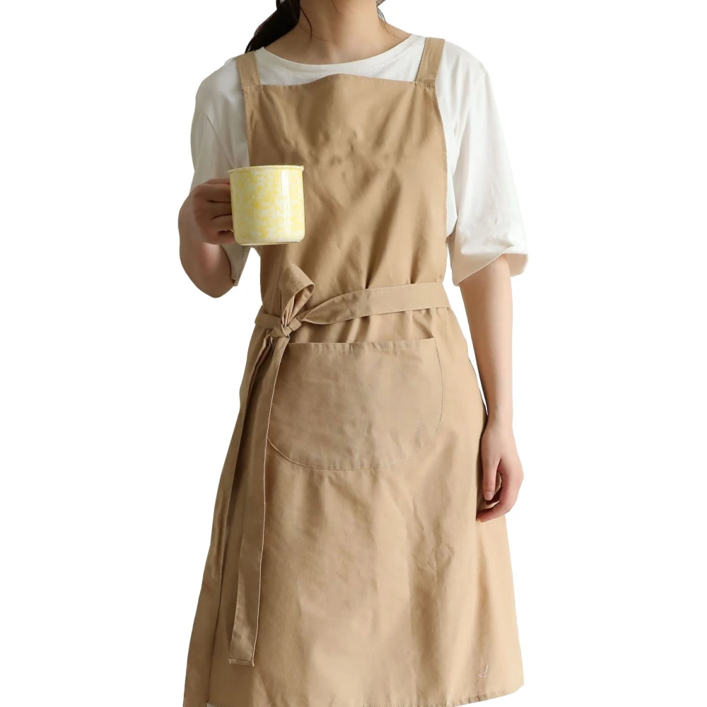 Cotton Apron Embroidered Letters Waterproof Oil Proof Apron with Pockets Chef Apron for Kitchen Khaki Free Size