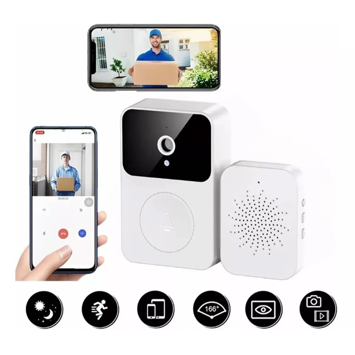 X9 Smart Wireless Remote Video Doorbell Camera Intelligent Visual Doorbell With Voice Change HD Night Vision Home App Sharing Auto Capture Cloud Storage White