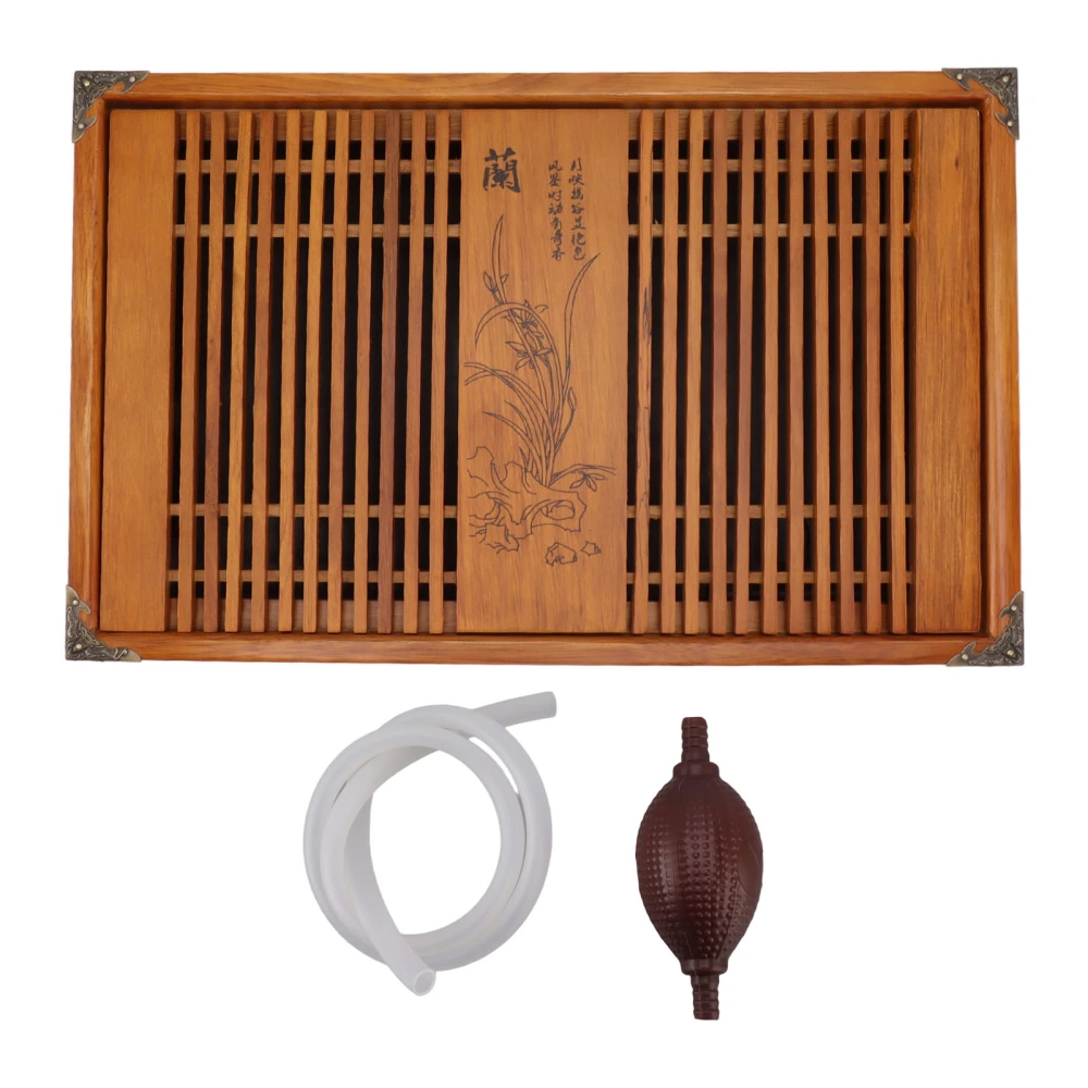 Kungfu Tea Tray Chinese Gongfu Tea Tray Drainage Water Storage Wood Tea Table with Drain Pipe Yellow Orchid