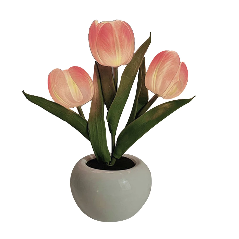 Tulip Night Light Soft Light Exquisite Ceramics PU Flower Table Lamp for Bookstores Cafes Battery Powered Ceramic Base Pink