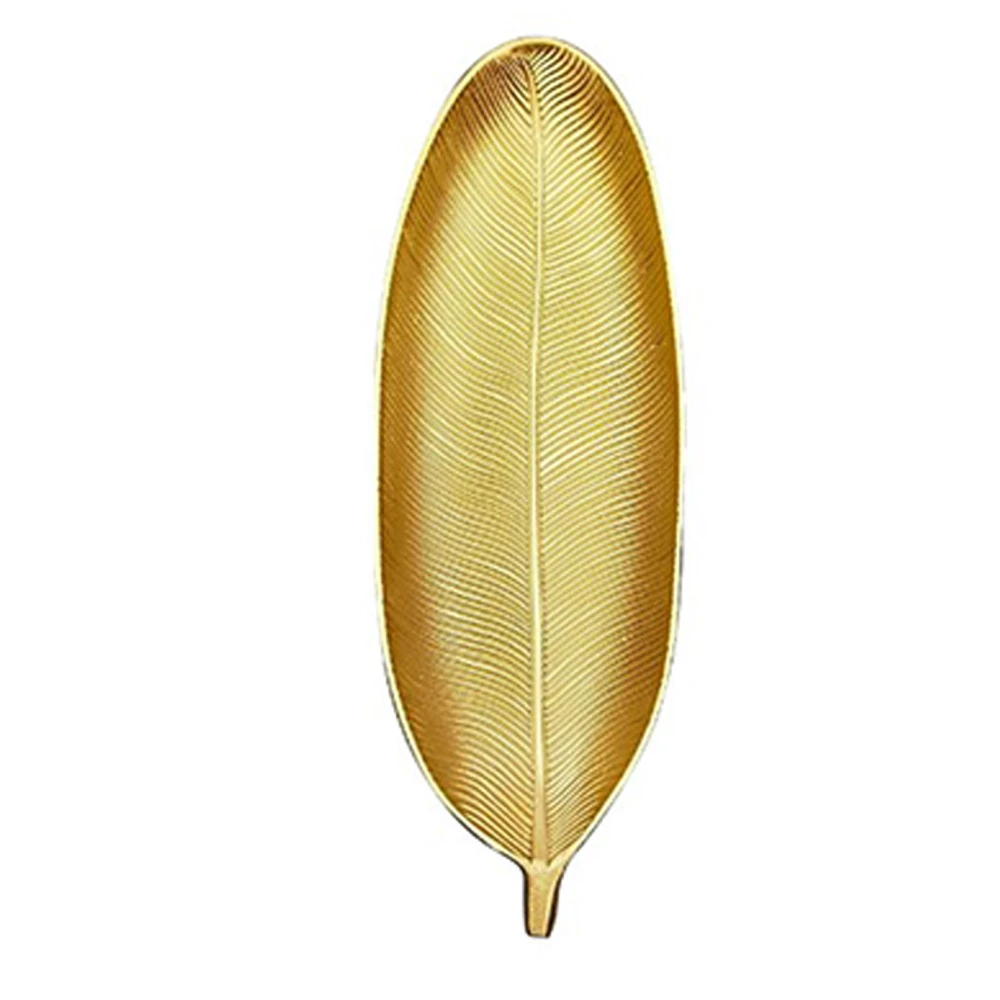 Fruit Plate Golden Style Leaf Shape Brushed Appearance Compact Density Board Serving Dessert Plate for Home L