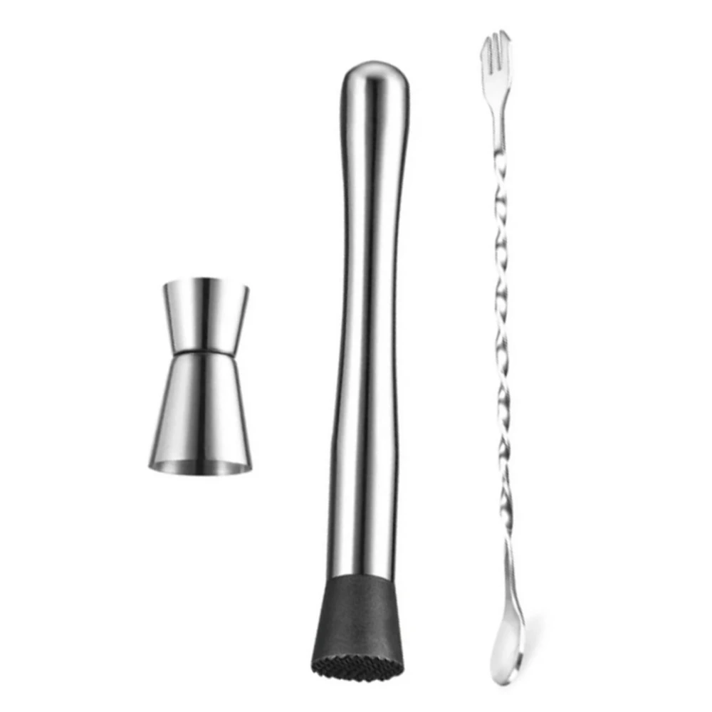 3 PCS Stainless Steel Cocktail Mixer Kit Stirring Spoon Lemon Mashing Stick 15ml 30ml Jigger Bar Tool Accessories