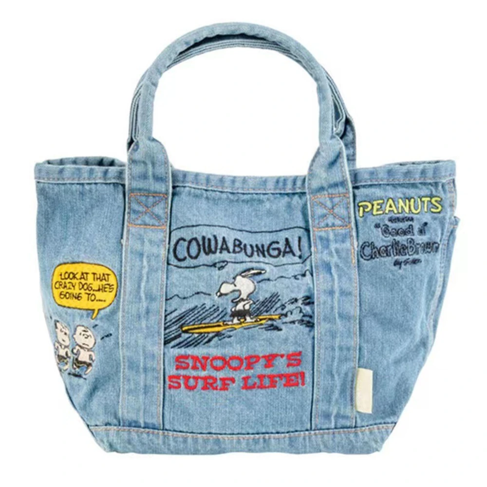 Denim Handbag Cartoon Cute Embroidery Hand Carrying Bags Casual Free Matching Fashionable Tote Light Blue