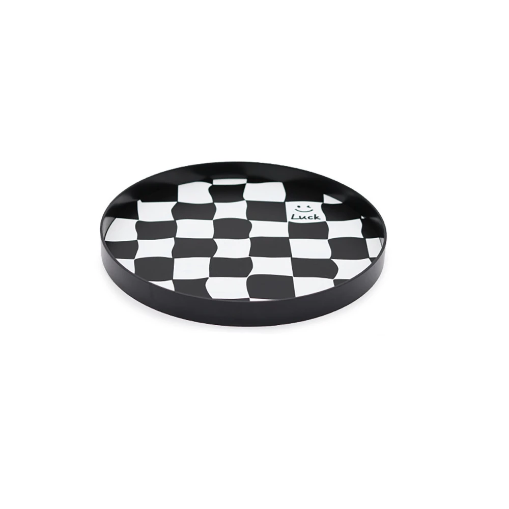 Round Storage Organizer Tray Checkerboard Design Plate Container Tray for Fruit Perfume Jewelry Black, Small