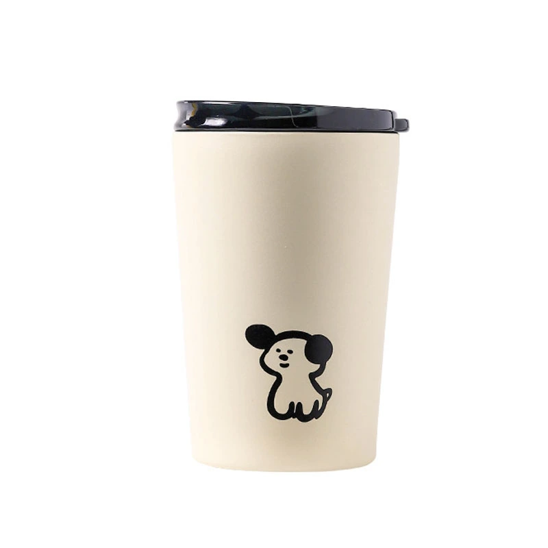 Insulated Cup Vacuum with Lid Frosted Stainless Steel Small Accompanying Thermal for Coffee Water Cute Puppy Pattern 360ml