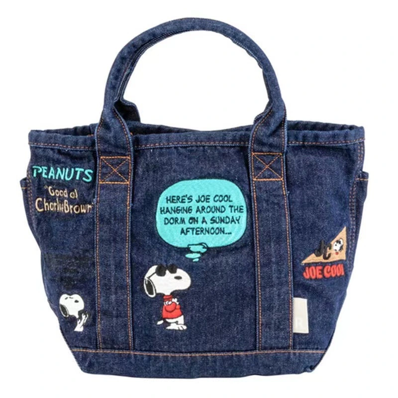 Denim Handbag Cartoon Cute Embroidery Hand Carrying Bags Casual Free Matching Fashionable Tote Dark Blue