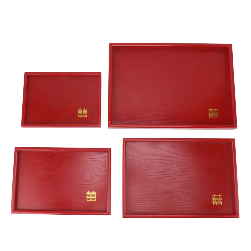 4Pcs Serving Tray Chinese Style Red Wedding Tea Coffee Snack Plate Wooden Fruit Candy Salver Square