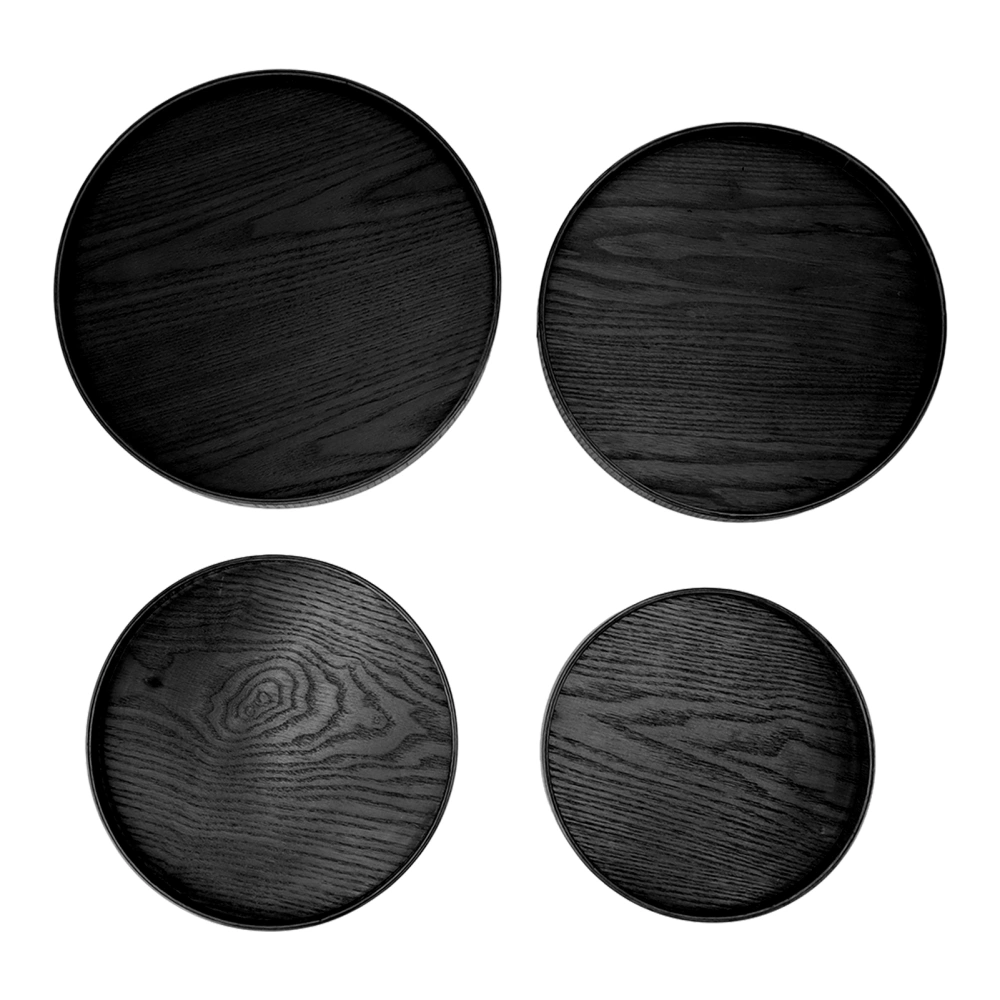 4pcs Wooden Tray Slip Resistant Spill Proof Durable Safe Multifunctional Round Serving Tray for Restaurant Black