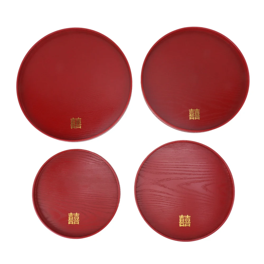 4Pcs Serving Tray Chinese Style Red Wedding Tea Coffee Snack Plate Wooden Fruit Candy Salver Round