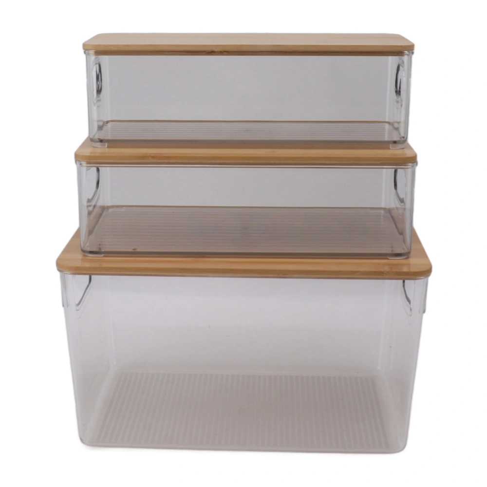 3Pcs Storage Box Multifunctional Transparent Storage Organizer Stackable Storage Display Case With Wood Lid