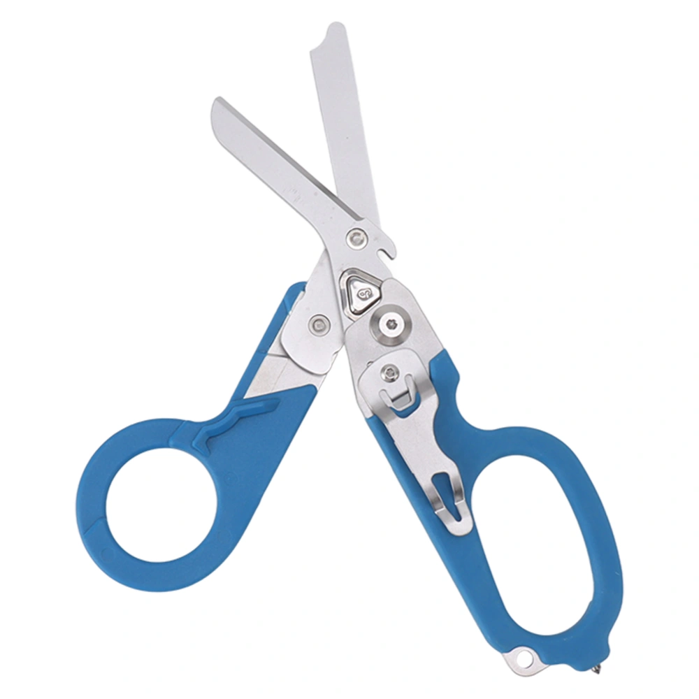 Emergency Response Shears Foldable Shear with Ring Cutter Glass Breaker Latching Function For Indoor Outdoor Blue