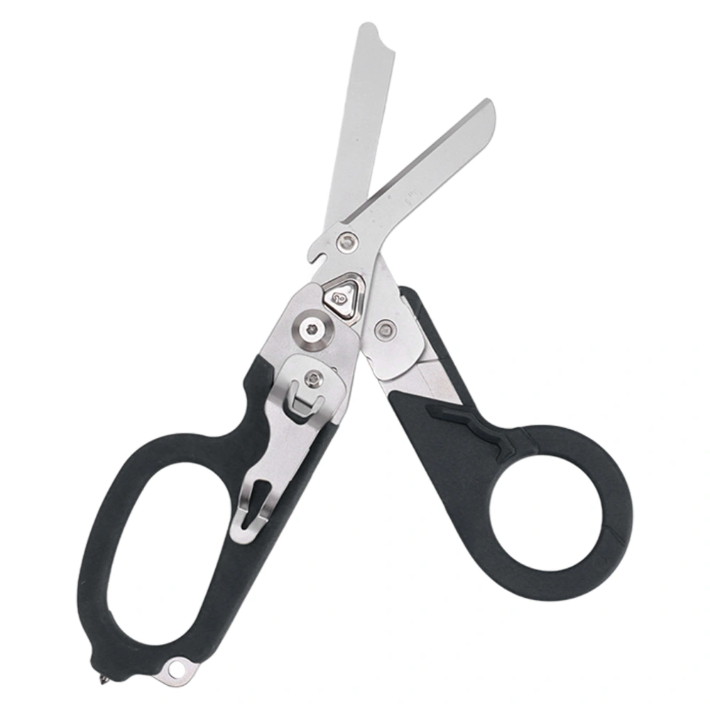 Emergency Response Shears Foldable Shear with Ring Cutter Glass Breaker Latching Function For Indoor Outdoor Black