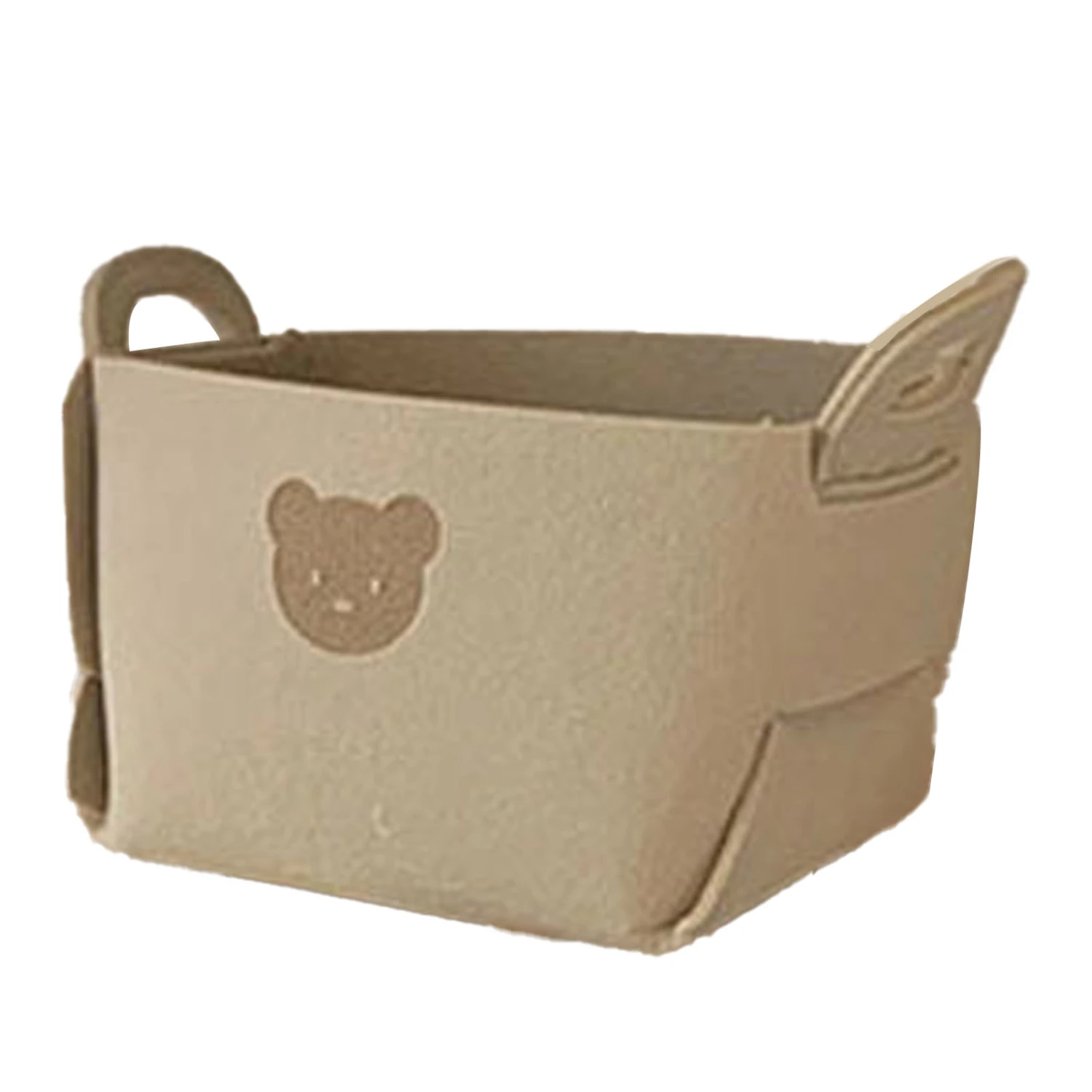 Felt Storage Basket with Handles Foldable Laundry Snacks Toys Clothes Bin for Home Desktop Bear Pattern Beige