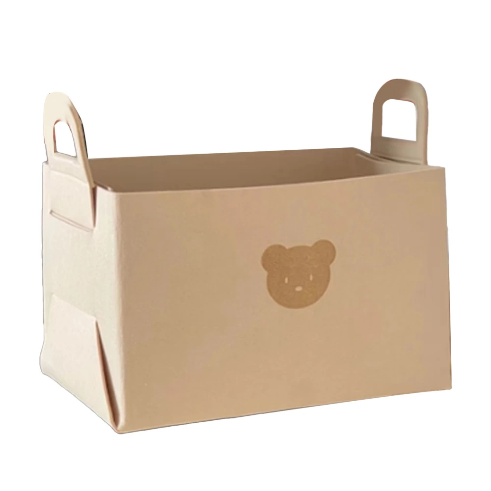 Felt Storage Basket with Handles Foldable Laundry Snacks Toys Clothes Bin for Home Desktop Bear Pattern Beige