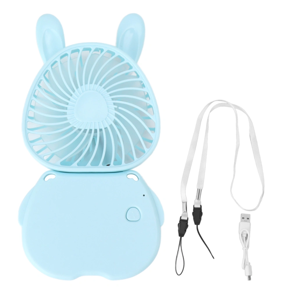 Portable Neck Hanging Fan Foldable USB Rechargeable Mini Handheld Cute Bunny Desk Fan with Lanyard for Office Outdoor Blue