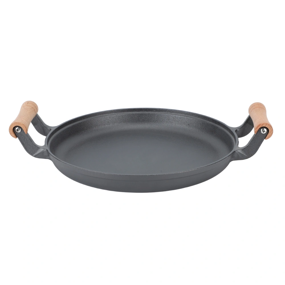 BBQ Grill Pan with Dual Wooden Handles Round Cast Iron Steak Frying Meat Roasting Skillets for Barbecue Gatherings 33cm/12.99in