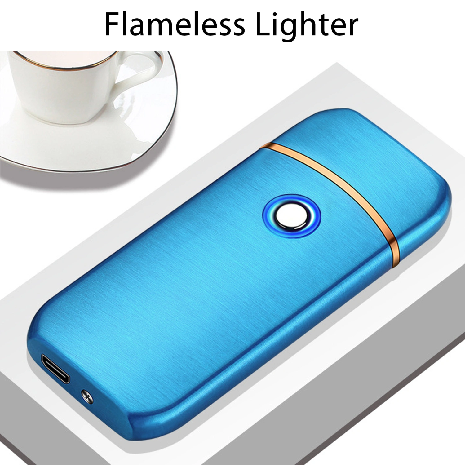 Electric Lighter Outdoor Windproof Flameless USB Dual Sided Rechargeable Key Lighter Blue